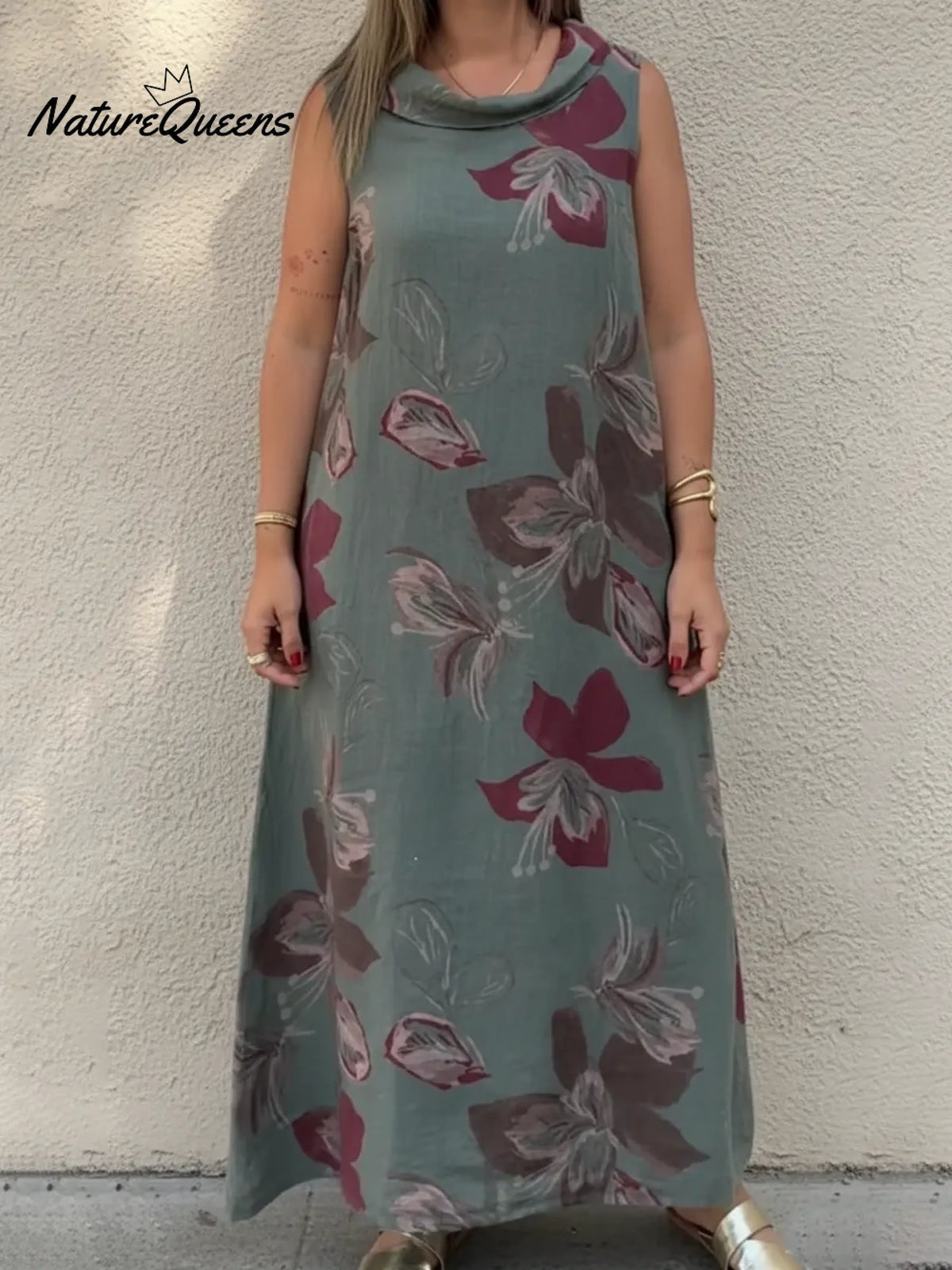 Blooming Lily Print Draped Collar Midi Dress