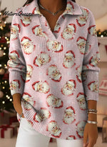 Pink Santa Claus Print Lapel Casual Knit Sweater