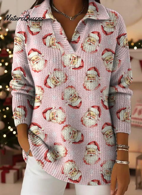 Pink Santa Claus Print Lapel Casual Knit Sweater