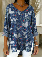 Women's Valentine's Day Heart-shaped Art Print Casual Washed Denim Cotton Top