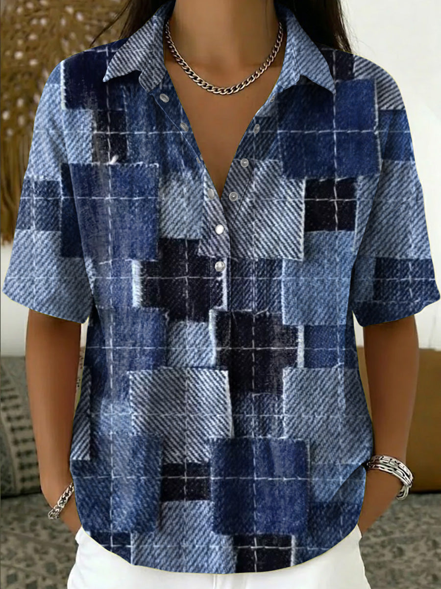 Women's Retro Denim Patchwork Print Half-placket Shirt