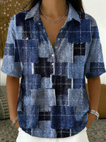 Women's Retro Denim Patchwork Print Half-placket Shirt