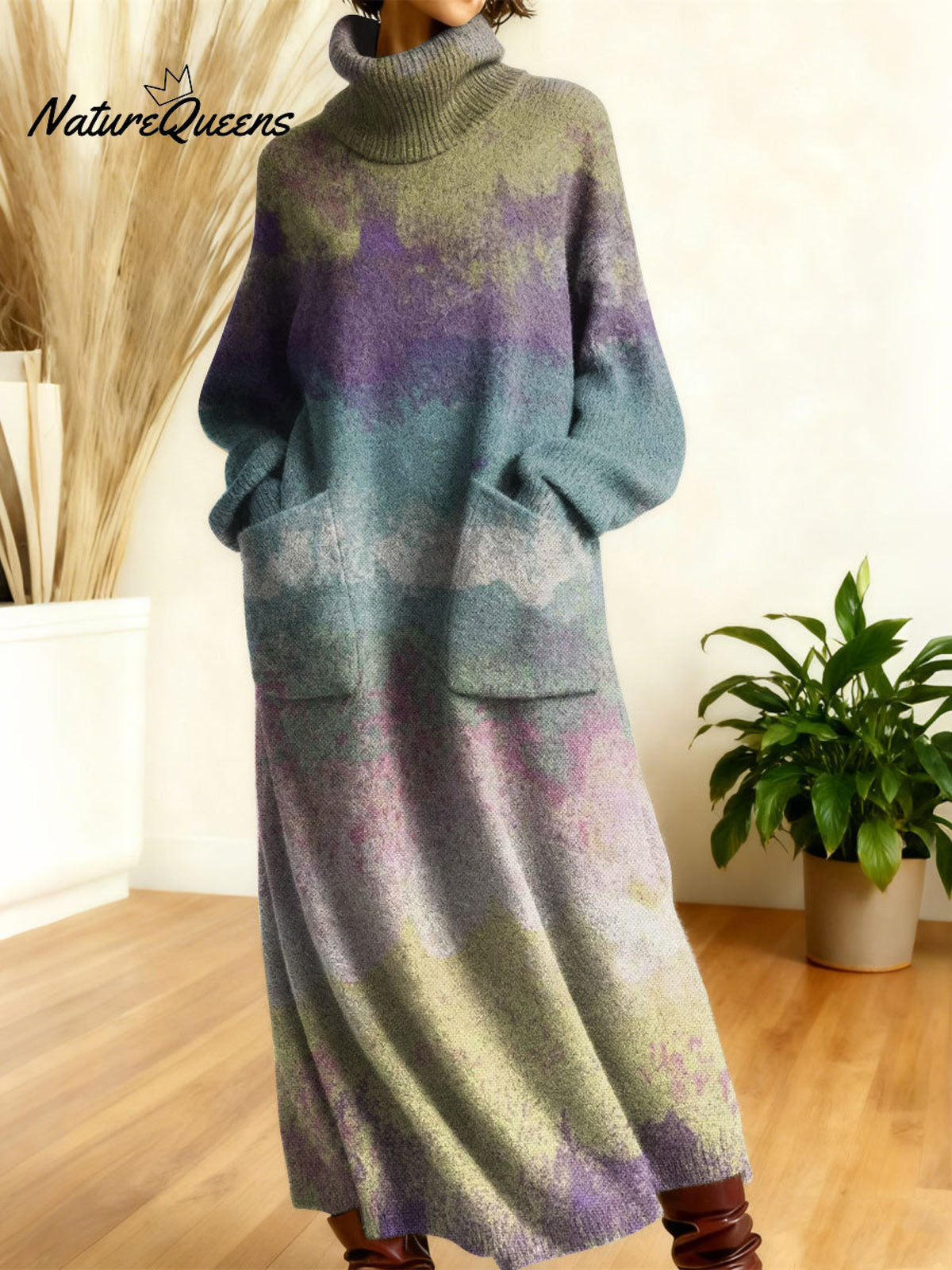 Women's Retro Color Gradient High-neck Long-sleeve Casual Loose Knit Dress