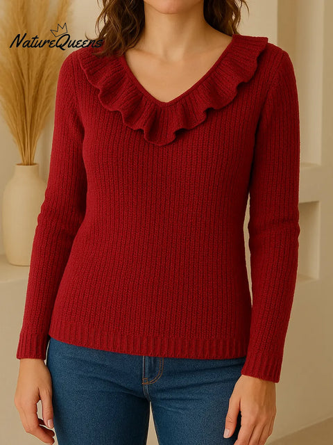 Women's Solid Color V-Neck Long Sleeve Ruffle Knit Top