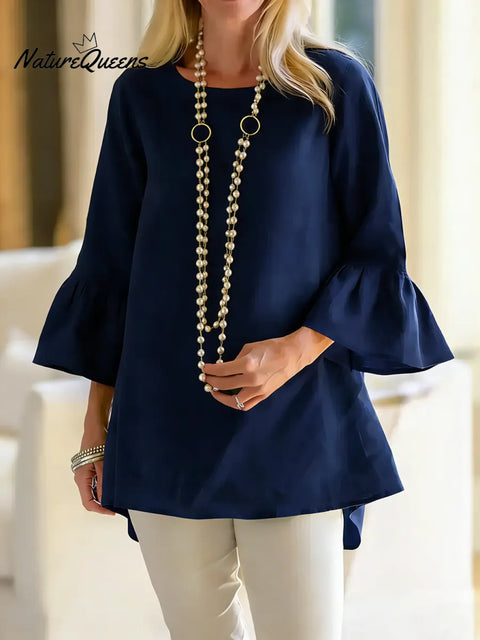 Women's Solid Color Round Neck Three-quarter Sleeve Casual Loose Cotton And Linen Top