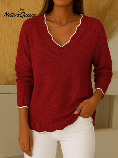 Women's Solid Color V-Neck Long Sleeve Casual Loose Knit Top