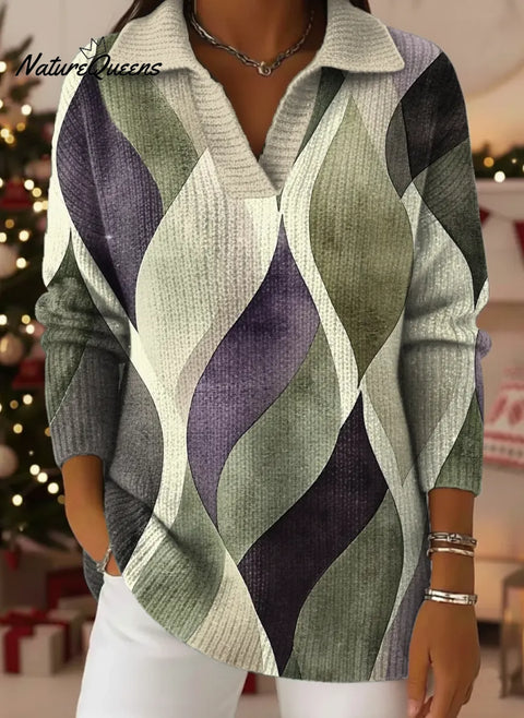 Artistic Patterns Print Lapel Casual Knit Sweater