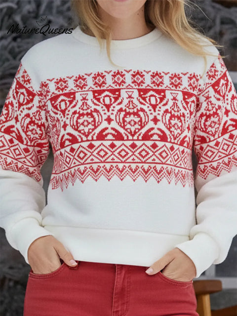 Retro Fair Isle Print Brushed Crew Neck Sweatshirt Pullover