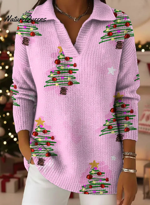 Women's Christmas Tree Pattern Art Print Casual Cotton Sweater