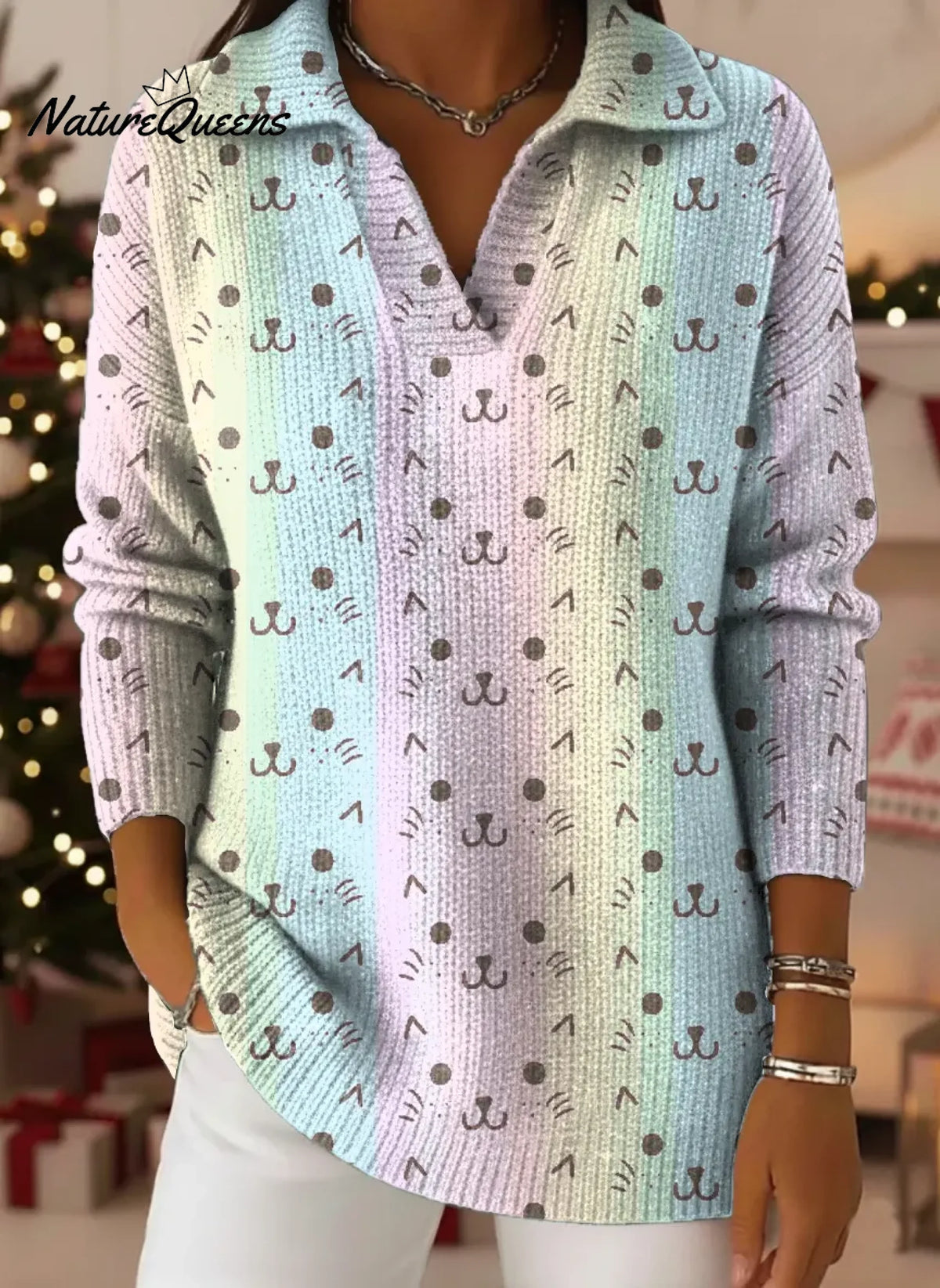 Gradient Cute Cat Face Print Lapel Casual Knit Sweater