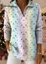 Gradient Cute Cat Face Print Lapel Casual Knit Sweater
