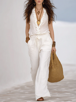 Elegant Ruffled V-neck Sleeveless Top And Wide-leg Pants Set