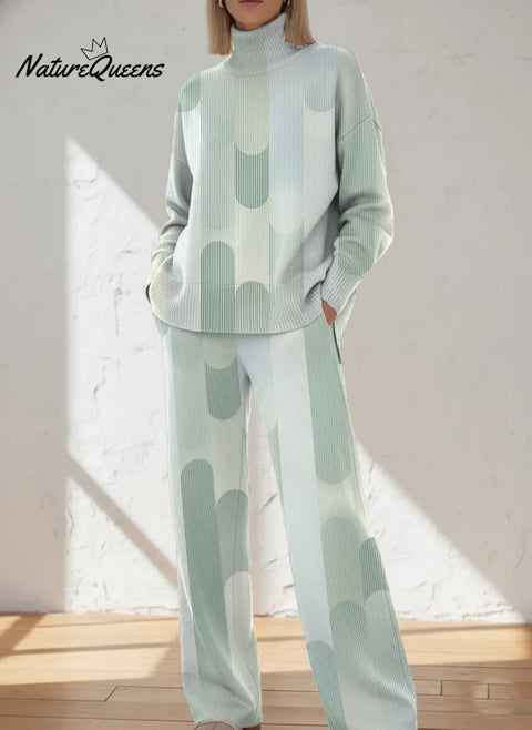 Retro Gradient Light Green Geometric Printed Casual High-neck Top And Straight-leg Pants Set