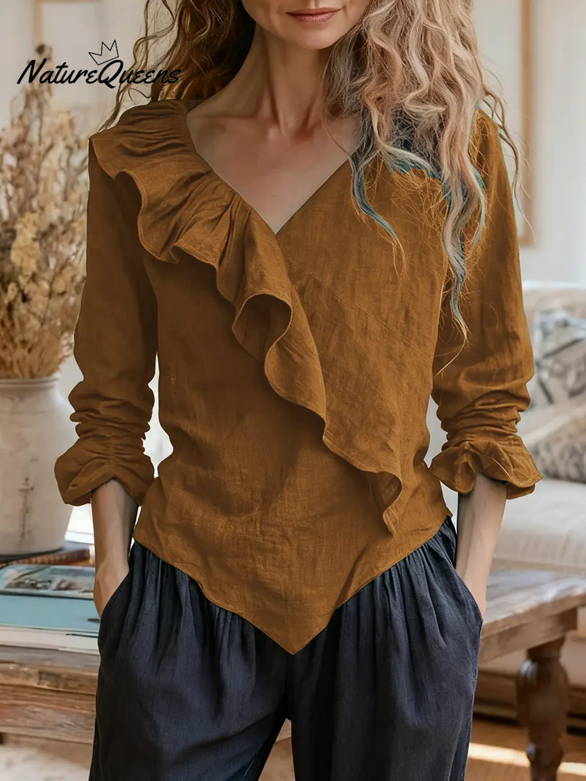 Women's Solid Color V-neck Long Sleeve Casual Loose Ruffled Cotton Linen Top