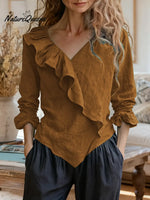 Women's Solid Color V-neck Long Sleeve Casual Loose Ruffled Cotton Linen Top