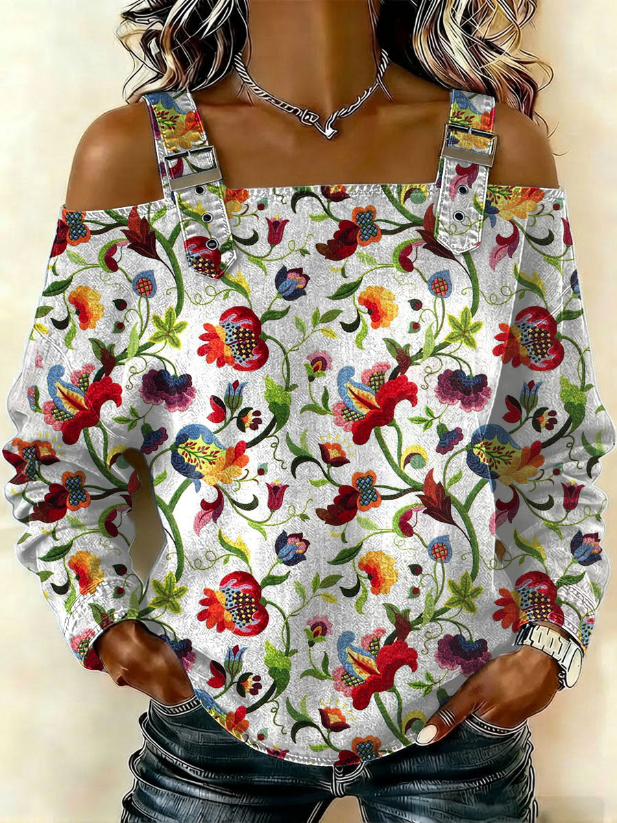 Women‘s Vintage Flower Pattern Art Print Casual CottonShirt