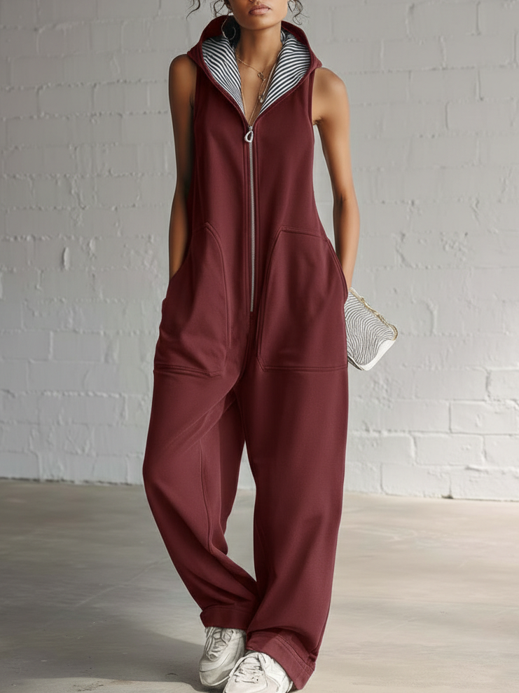 Casual And Cozy Hooded Zip-up Jumpsuit