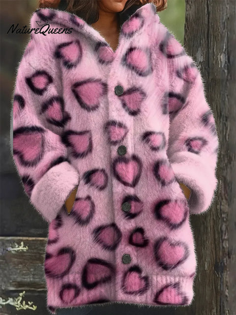 Women's Pink Pattern Art Print Casual Fleece Coat