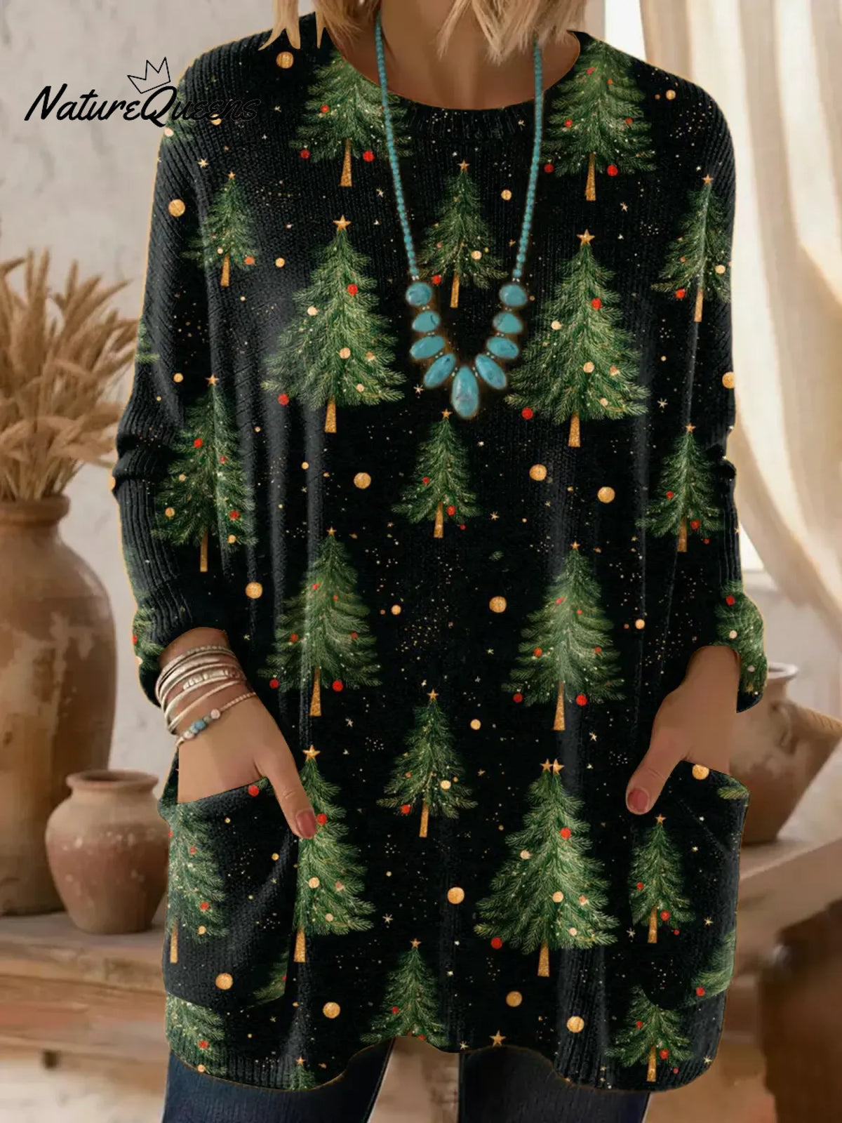 Women's Christmas Tree Pattern Art Print Casual Cotton Knitted Sweater