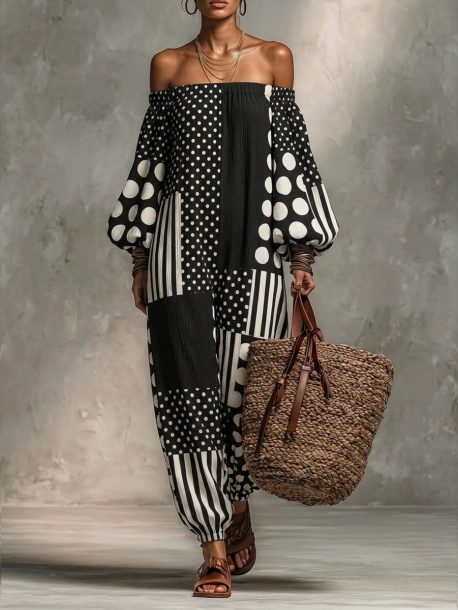 Women's Geometric Patchwork Long-sleeve Off-shoulder Cotton Linen Jumpsuit