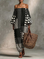 Women's Geometric Patchwork Long-sleeve Off-shoulder Cotton Linen Jumpsuit