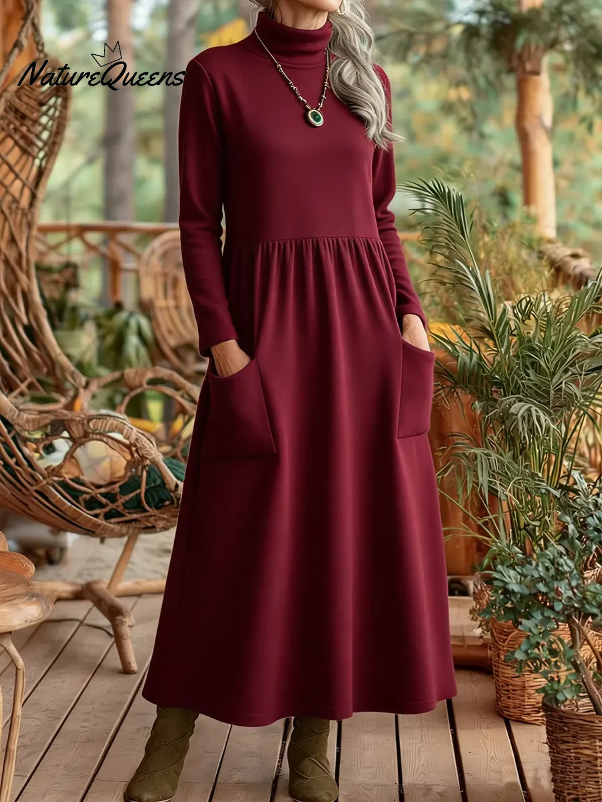 Women's Solid Color High-neck Long-sleeved Casual Loose-fit Velvet Dress