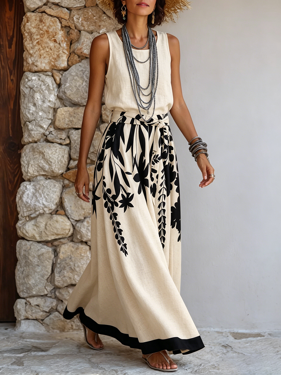 Artistic Floral & Leaf Print Cotton-linen Two-piece Set (skirt & Top)