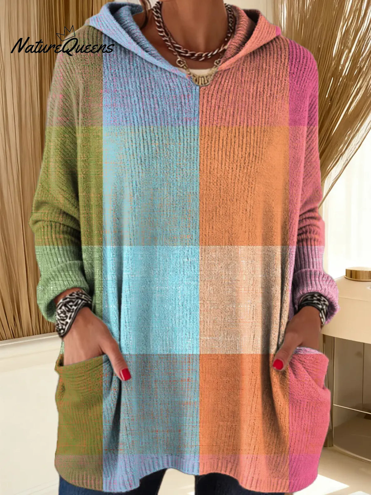 Women's Geometric Pattern Art Print Hooded Casual Knitted Sweater