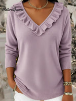 Elegant V-neck Ruffled Knit Pullover Sweater