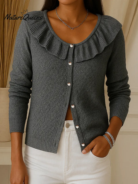 Women's Solid Color Round Neck Long Sleeve Ruffle Cardigan Sweater