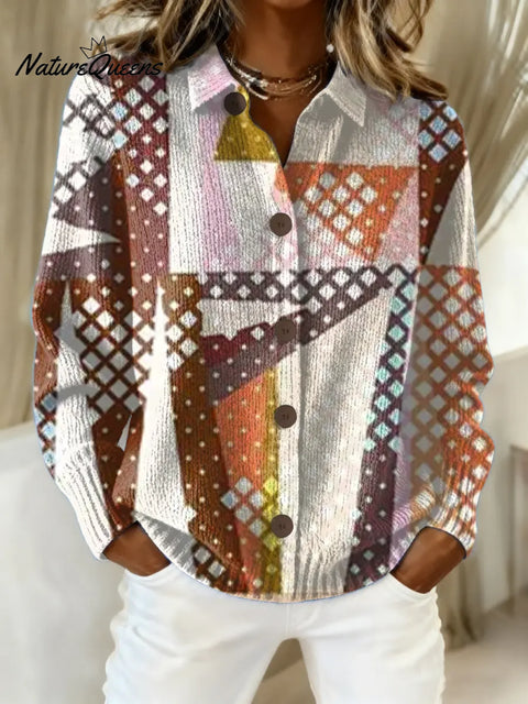 Women's Geometric Pattern Art Print Casual Cotton Knitted Sweater