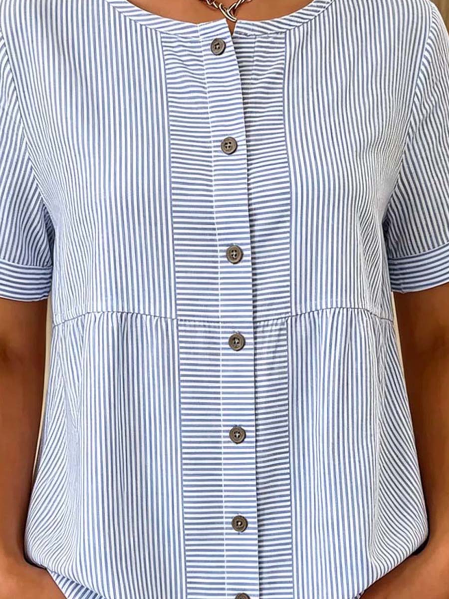 Women's Striped Pattern Art Print Casual Short Sleeve Cotton Shirt