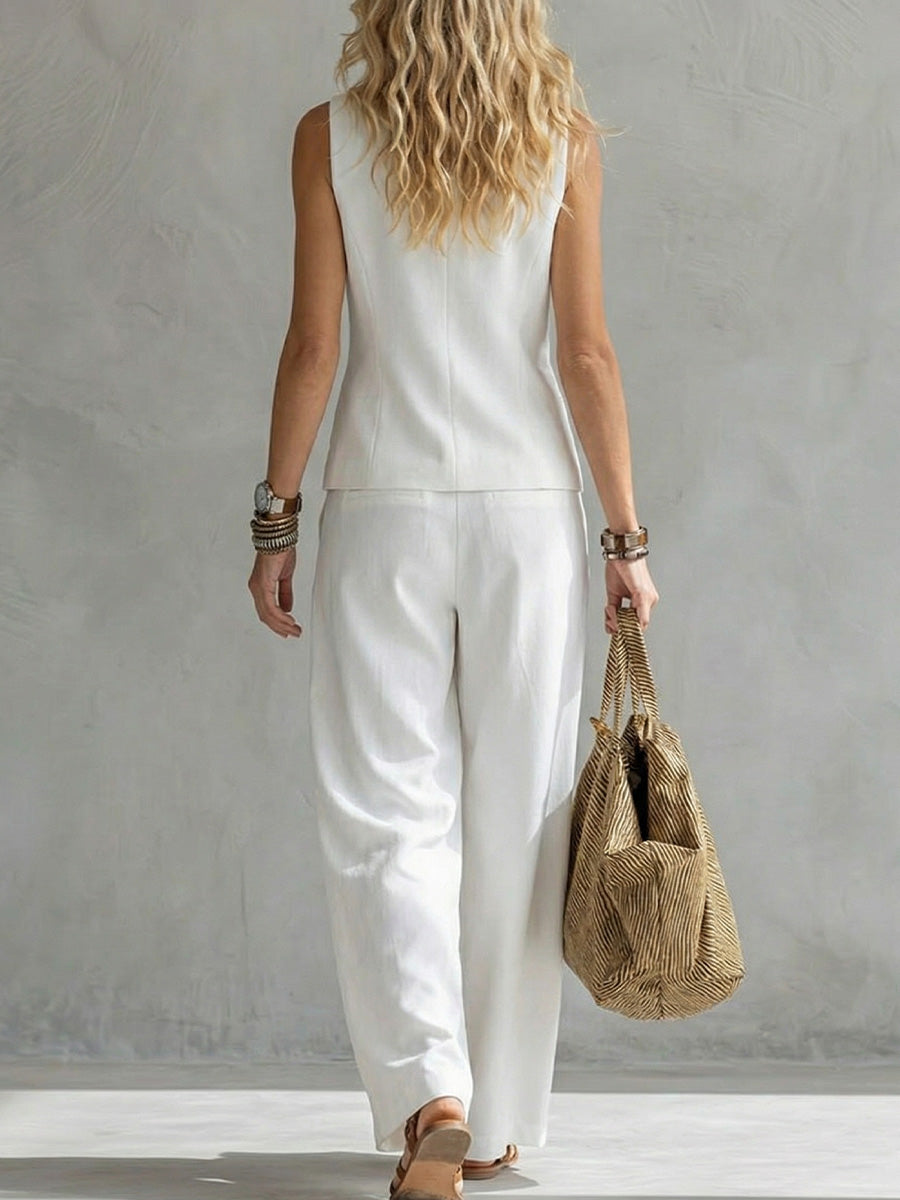 Women's Sleeveless Linen Vest And Pants Set