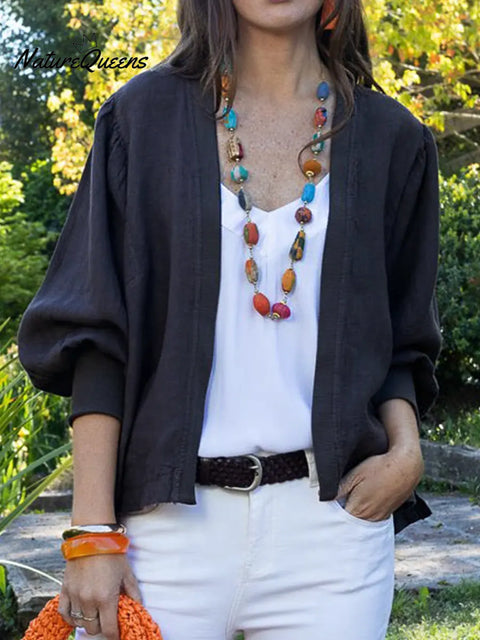 Women's Solid Color Cardigan Collar Long Sleeve Casual Loose Cotton Linen Cardigan