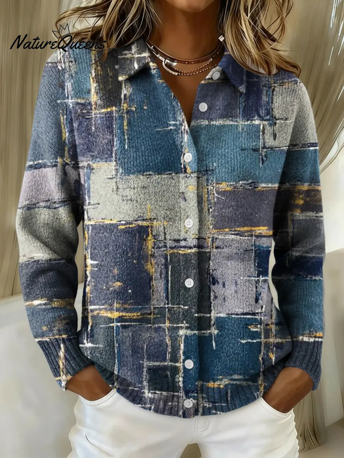 Women's Vintage Abstract Blue Printed Collared Sweater
