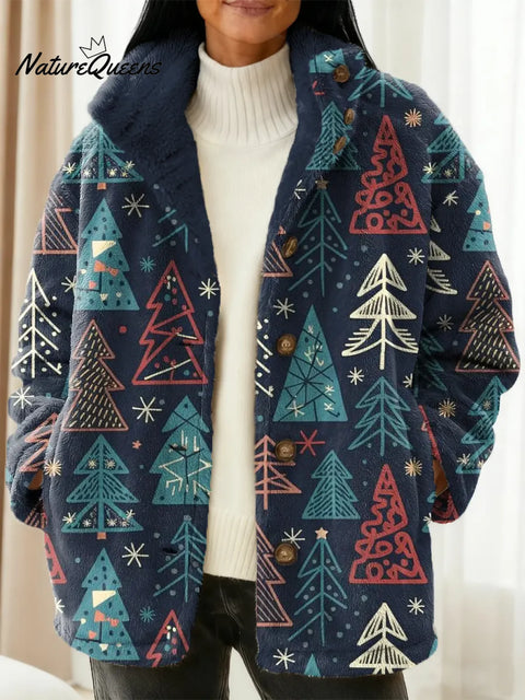 Women's Christmas Tree Pattern Art Print Casual Sherpa Coat