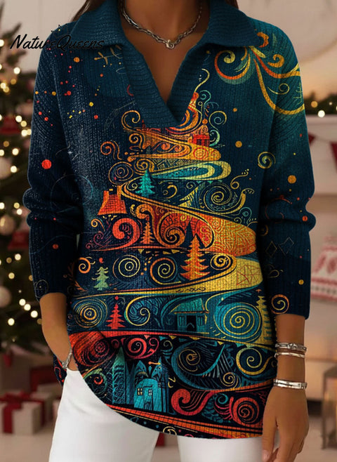 Color Christmas Tree Art Pattern Art Polo Collar Shiny Loose Sweater Top
