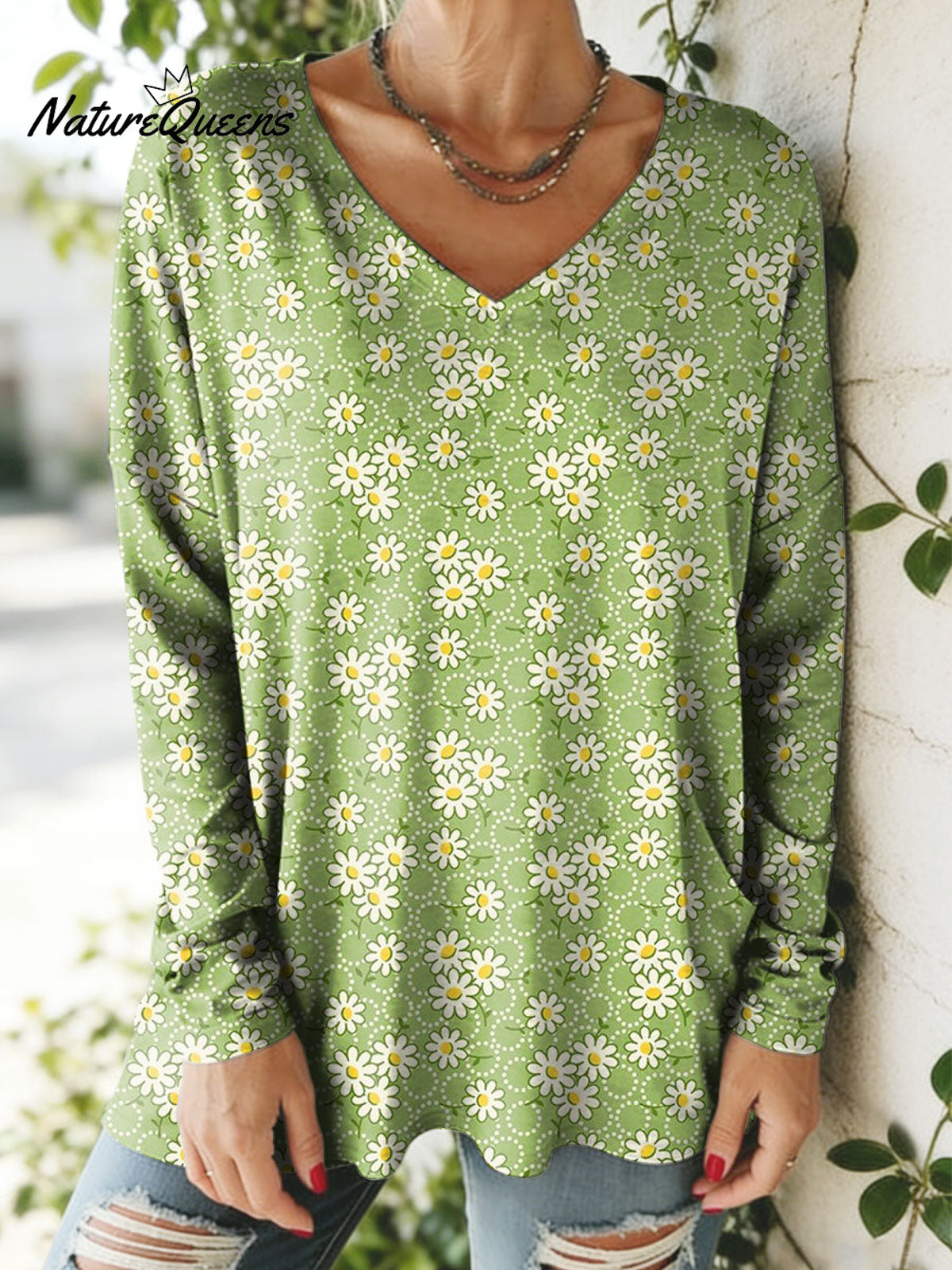 Women's Floral Pattern Art Print V-neck Casual Cotton T-shirt