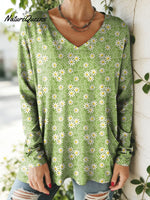 Women's Floral Pattern Art Print V-neck Casual Cotton T-shirt