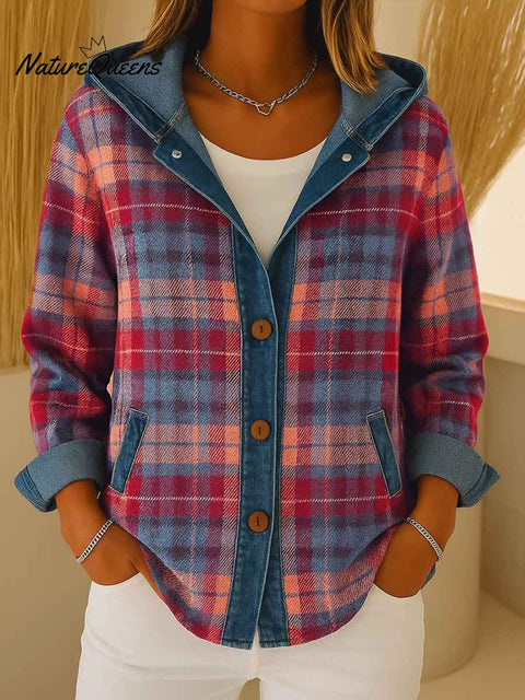 Women's Plaid Print Denim Long Sleeve Casual Loose Hooded Cardigan