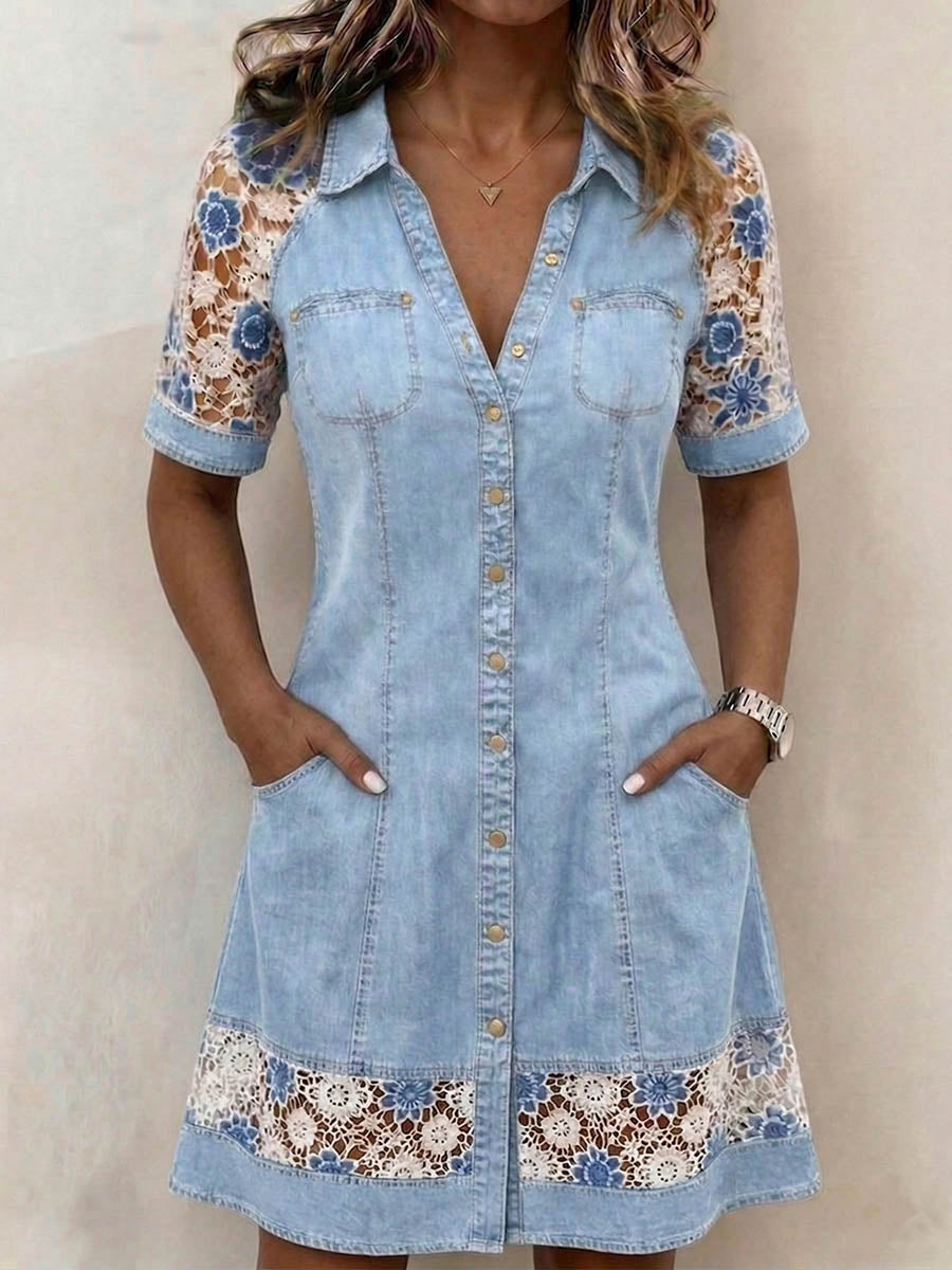 Women's Short-sleeve Casual Loose Denim-paneled Dress With Shirt Collar