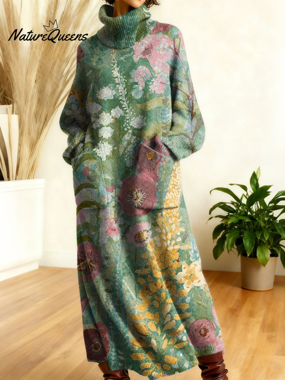 Women's Retro Floral Flowers High-neck Long-sleeve Casual Loose Knit Dress