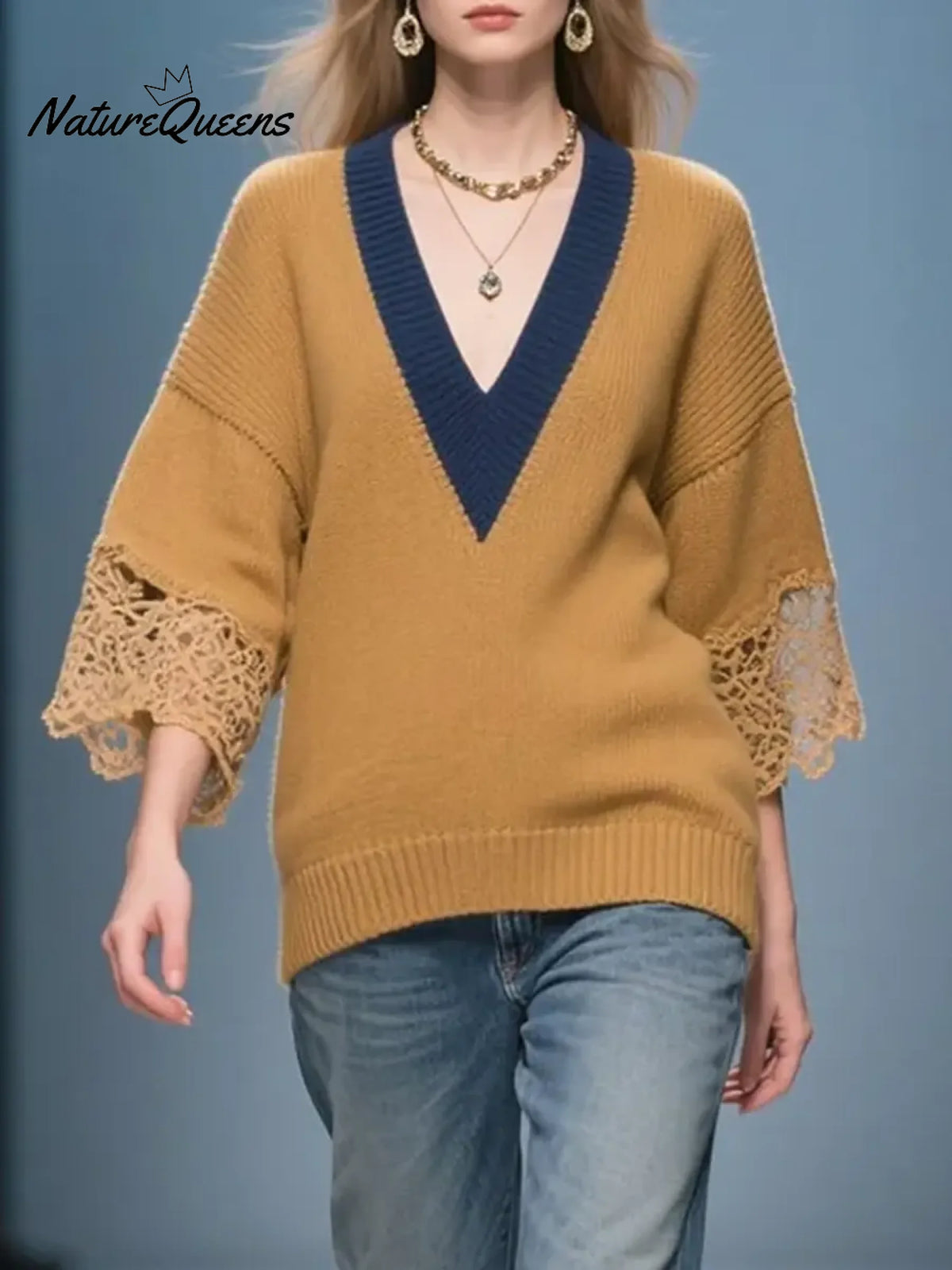 Women's Color-block V-neck Three-quarter Sleeve Loose-fitting Casual Knitted Sweater