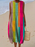 Women's Vintage Geometry Art Print Sleeveless Cotton Pocket Wrap Dress