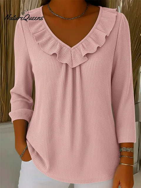 Elegant Ruffled V-Neck Solid Color Sweater Top