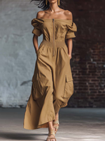 Elegant Off-the-shoulder Zippered Cotton Jumpsuit