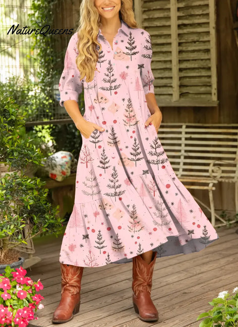 Women's Christmas Tree Pattern Art Print Casual Cotton Dress