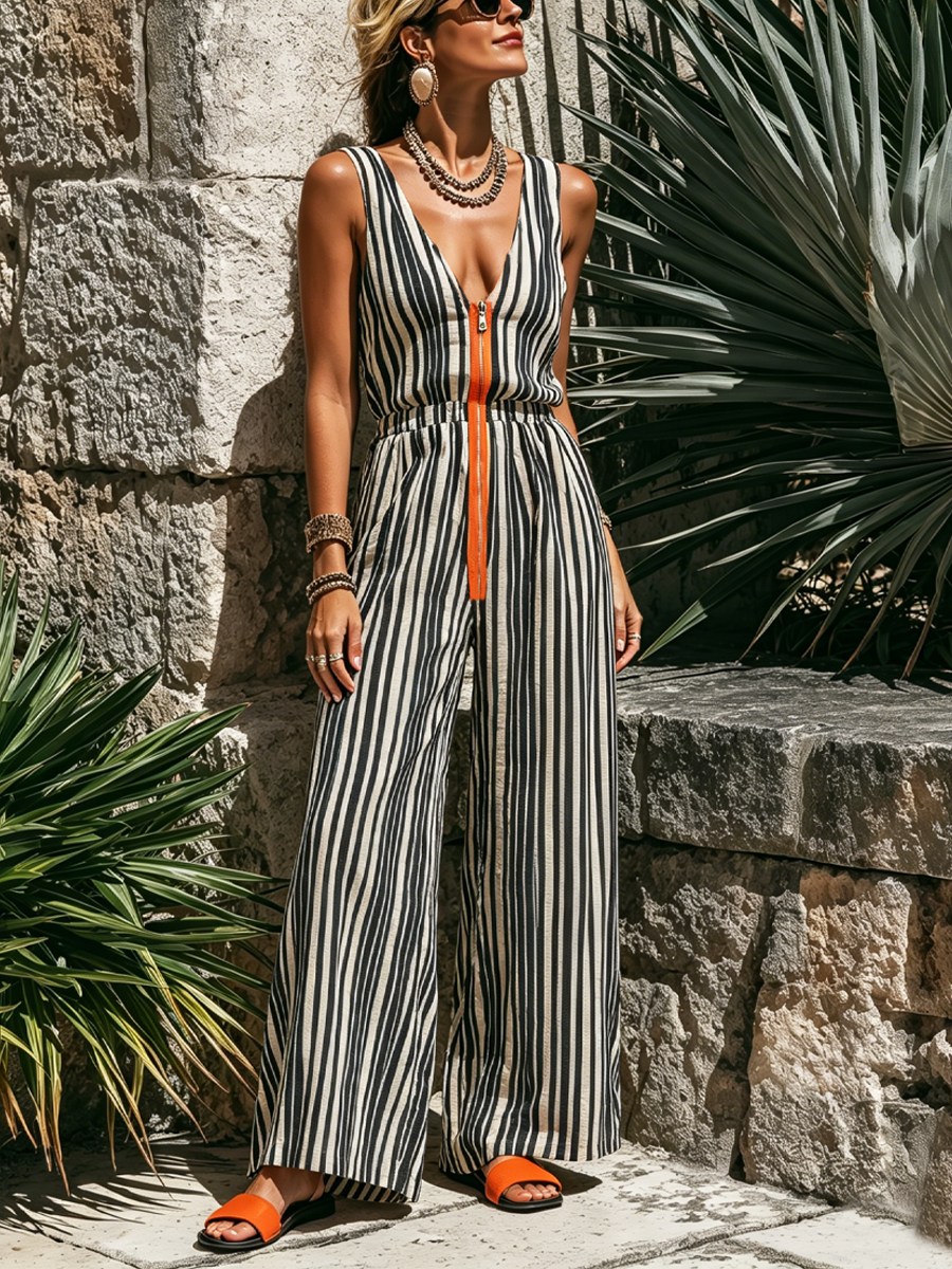 Women's Street-style Casual Striped V-neck Sleeveless Front-zip Jumpsuit