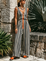 Women's Street-style Casual Striped V-neck Sleeveless Front-zip Jumpsuit