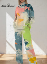 Women's Abstract Pattern Art Print Casual Knitted Cotton Top Pants Suit